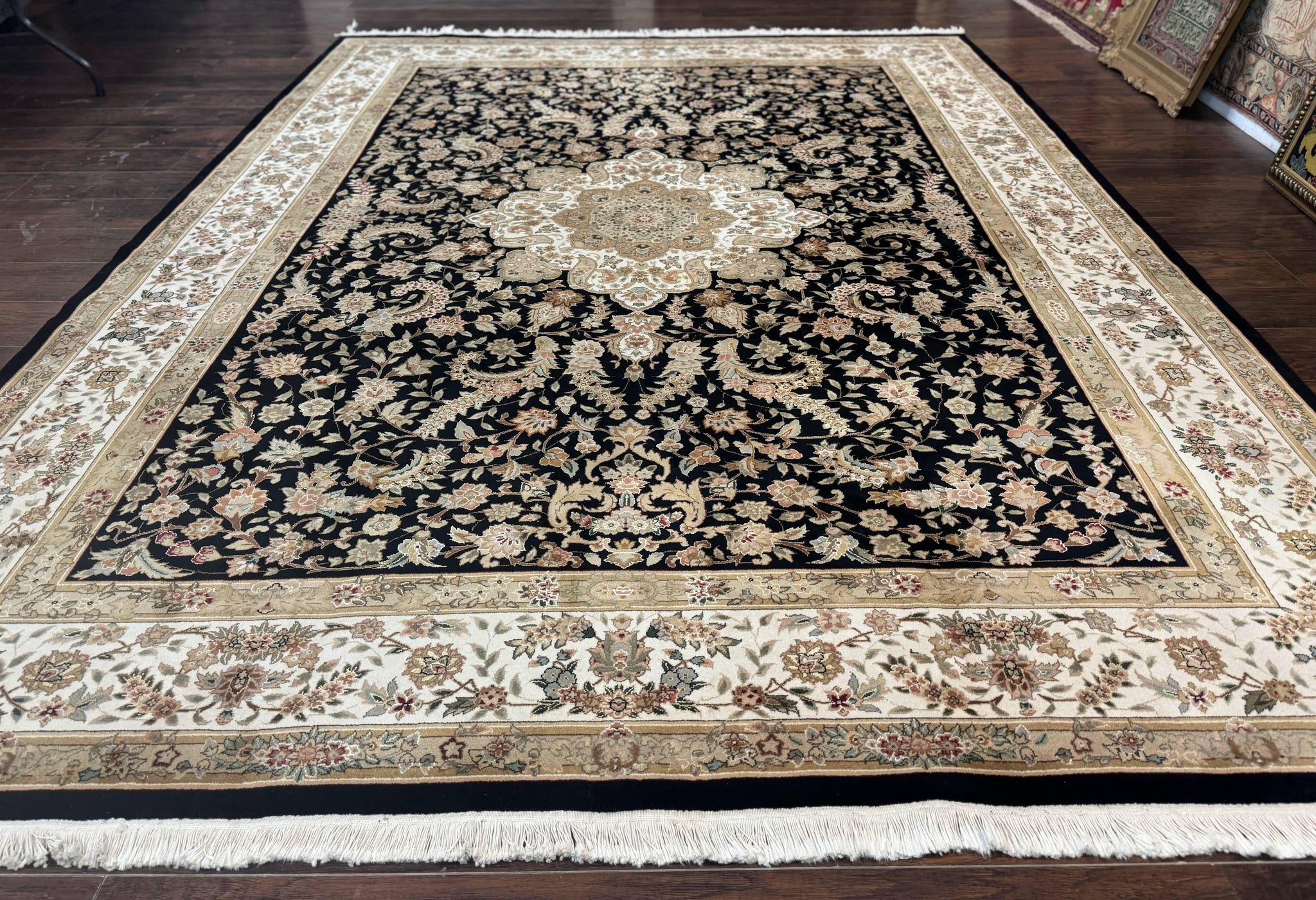 Sino Persian Rug 9x12, Floral Medallion, Black and Ivory, Elegant by Jewel Rugs