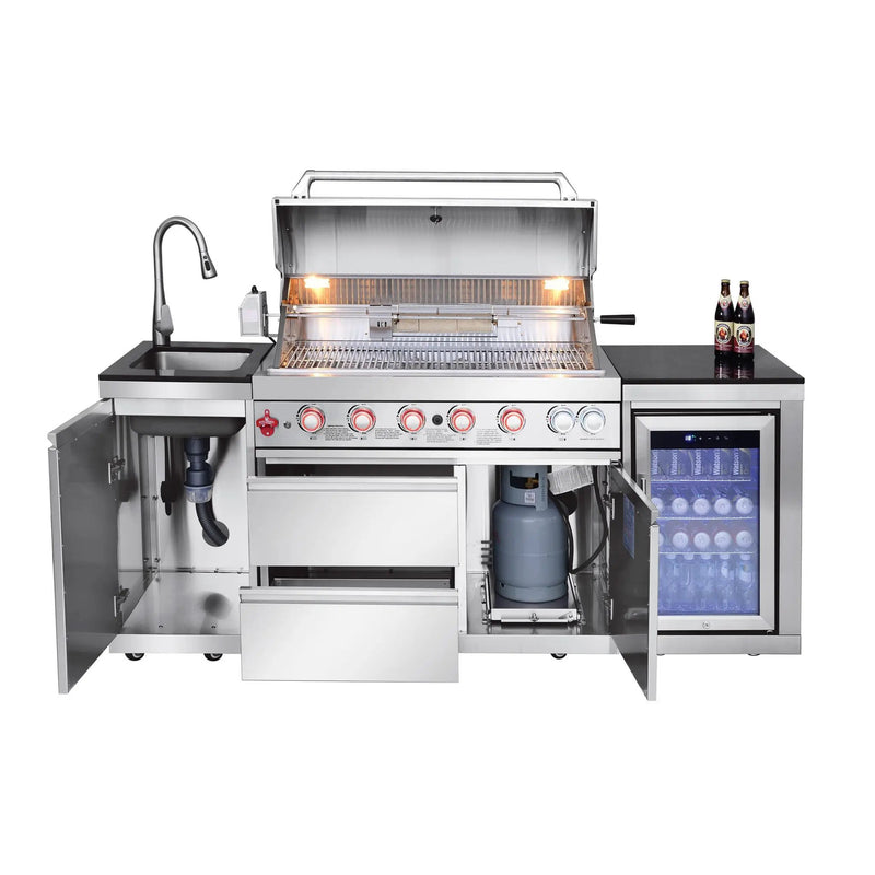 82.5" 6-Burner 83,500 BTU Silver Outdoor Kitchen Island Grill +Sink + Refrigerator by Chery Industrial