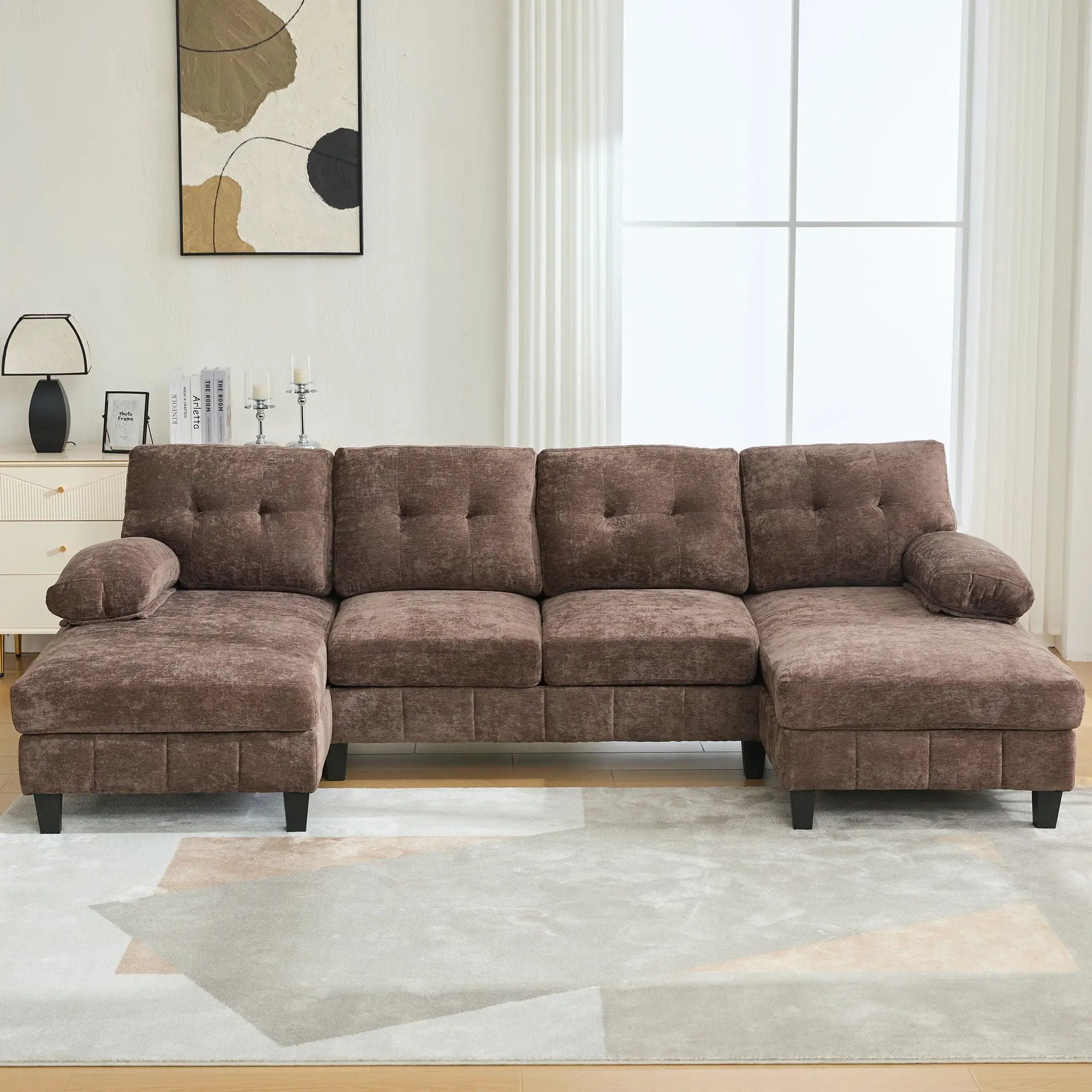 U-Shaped Sectional Sofa 103.5" Fabric Couch With Dual Chaise Lounges, Storage Pockets, Armrest Pillows by HouseOfZazla
