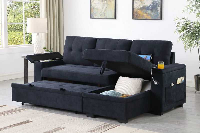 Ashlyn II - 84"W Woven Fabric Reversible Sleeper Sectional Sofa with Storage Chaise by HouseOfZazla