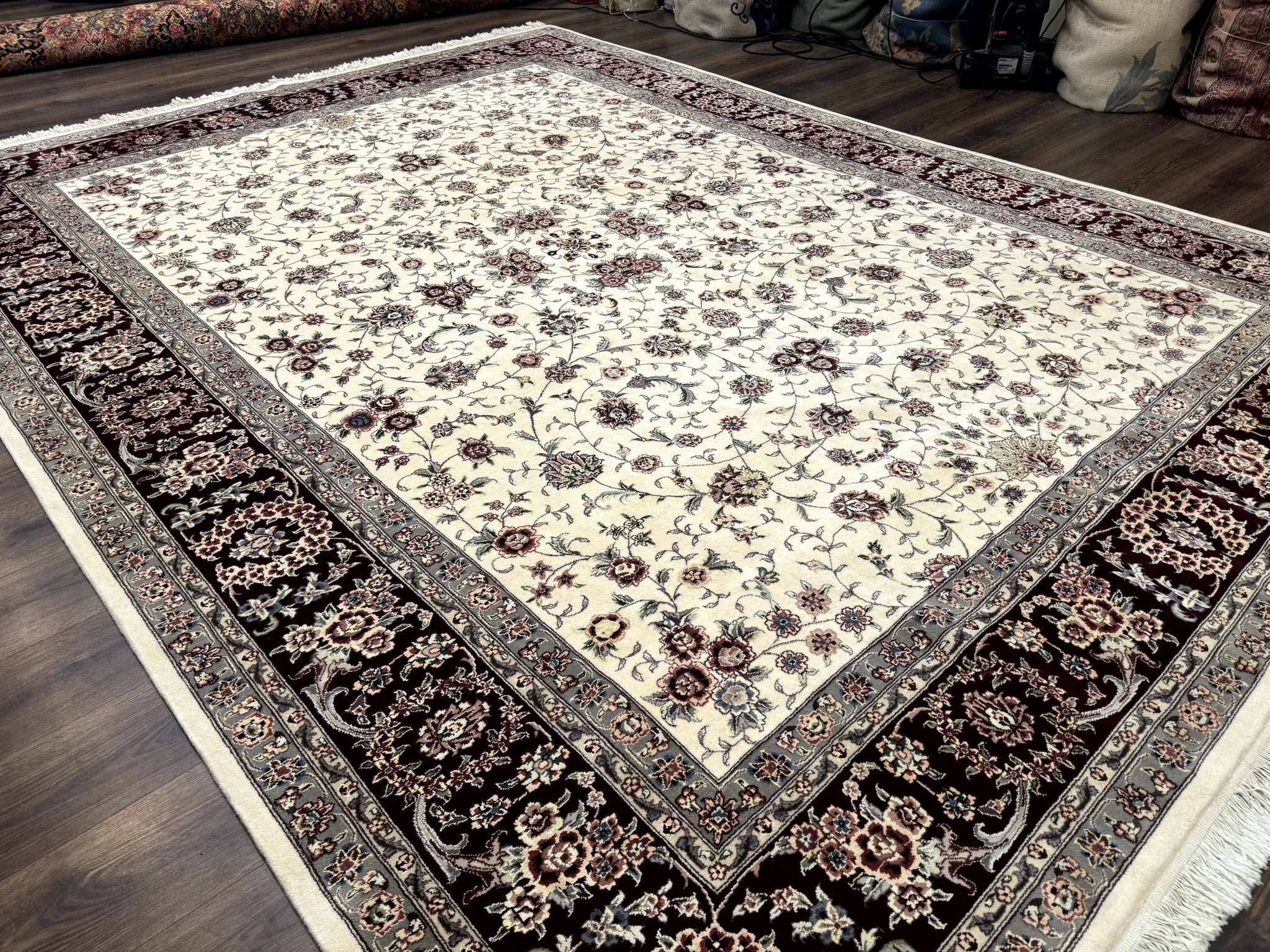 Sino Persian Rug 9x12, Floral Allover Design, 170 KPSI, Ivory and Dark Maroon by Jewel Rugs