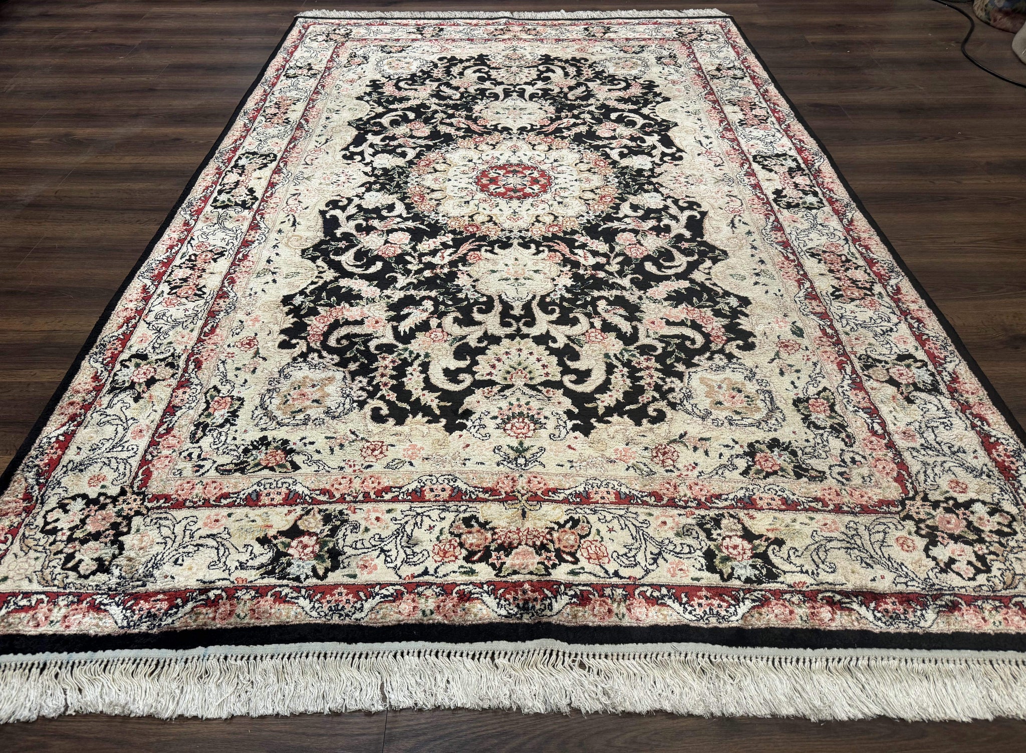 Indian Kashmiri Silk Rug, Floral Medallion, Vintage Hand Knotted Carpet by Jewel Rugs