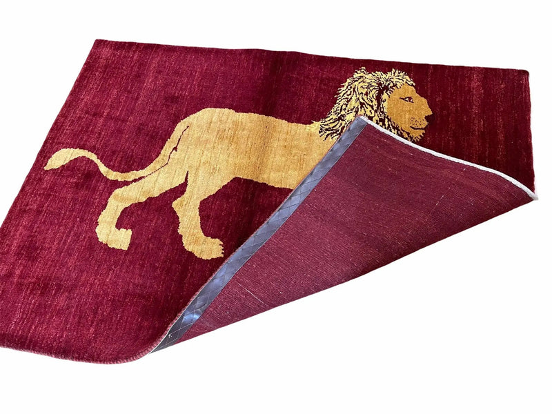 3.5 X 5 Handmade Rug Vintage New Rug Quality Wool Lion Red Veggy Dyes Pictorial by Jewel Rugs