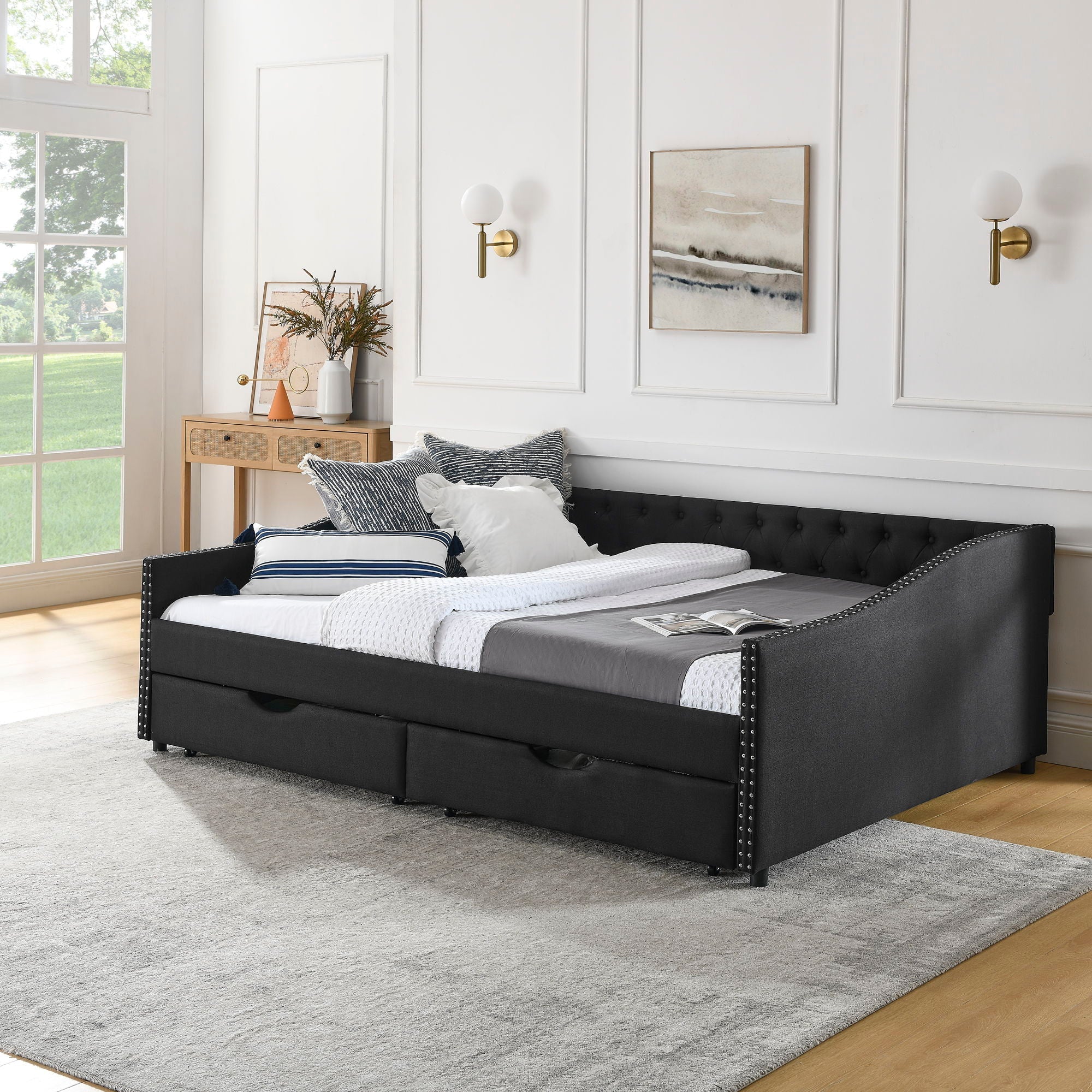 Upholstered Tufted Daybed With 2 Drawers, Waved Arms by Unique Piece Furniture