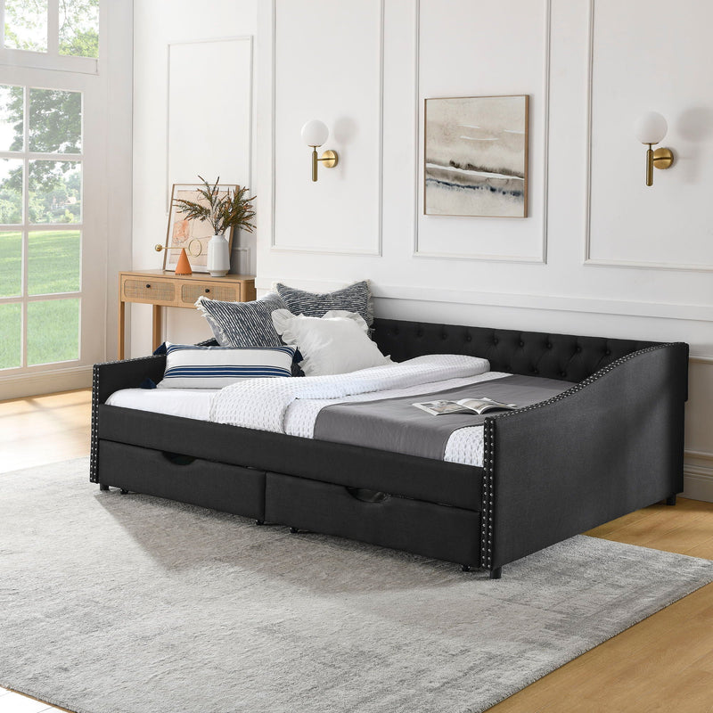 Upholstered Tufted Daybed With 2 Drawers, Waved Arms by Unique Piece Furniture