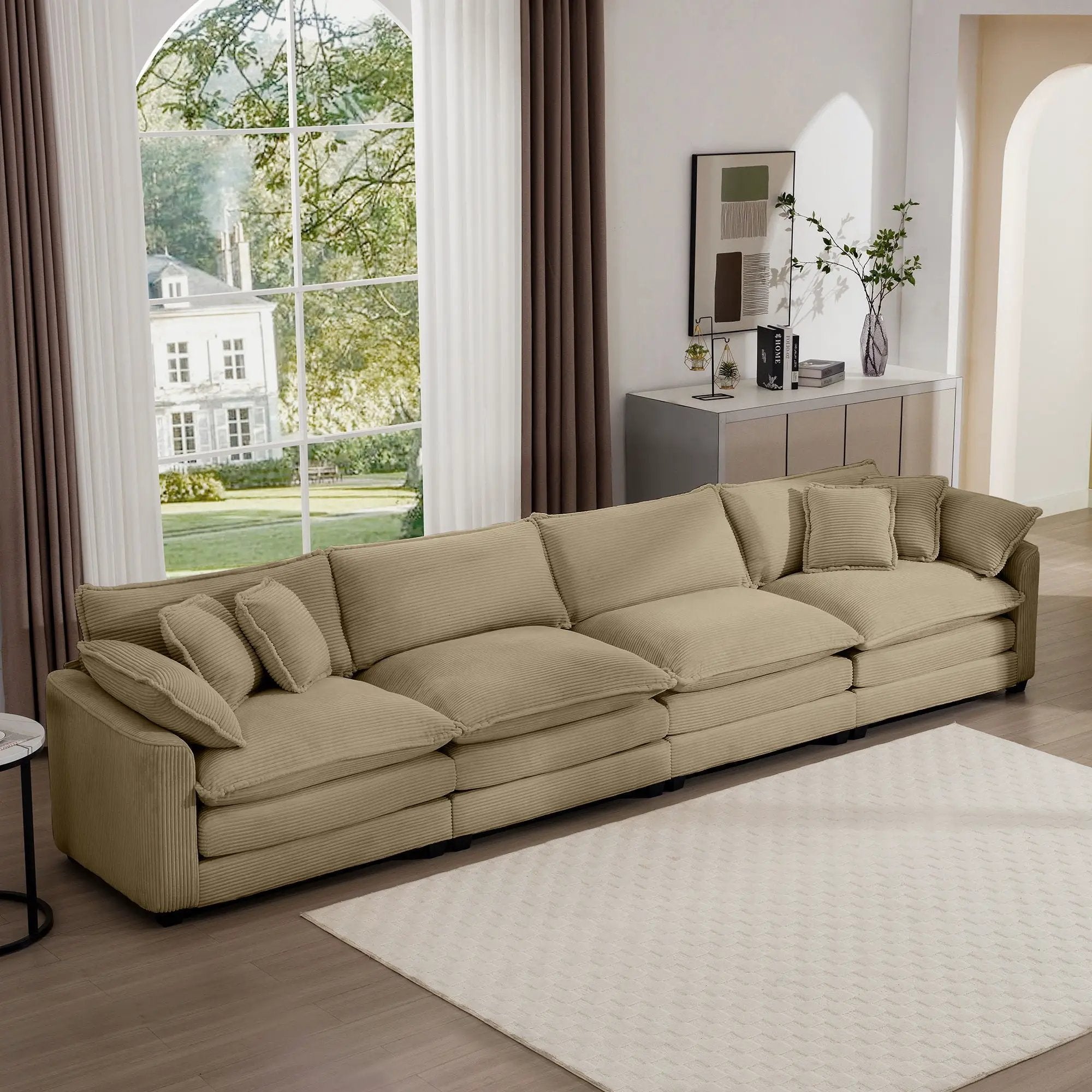 Modern Upholstered 4 Seater Fabric Sofa With Arm And Throw Pillows by HouseOfZazla