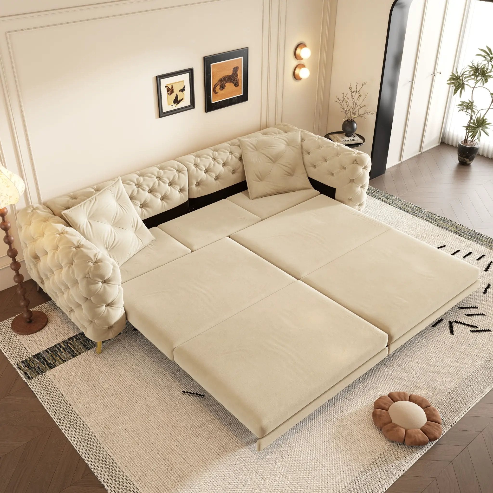 3 In 1 Convertible Sleeper Sofa, Pull Out Bed, Button Tufted, 4 Seater Couch With Movable Ottoman For Apartment - Apricot by HouseOfZazla