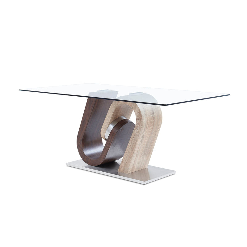 Oak & Walnut Dining Table with Stainless Steel Base - Brown / Beige