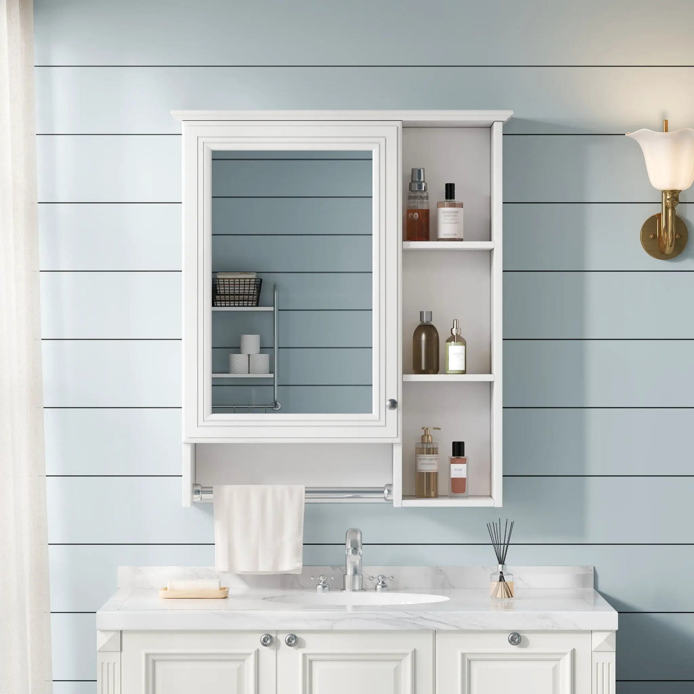 Modern 3 In 1 Bathroom Mirror Cabinet With Adjustable Shelf & Towel Bar by Unique Piece Furniture