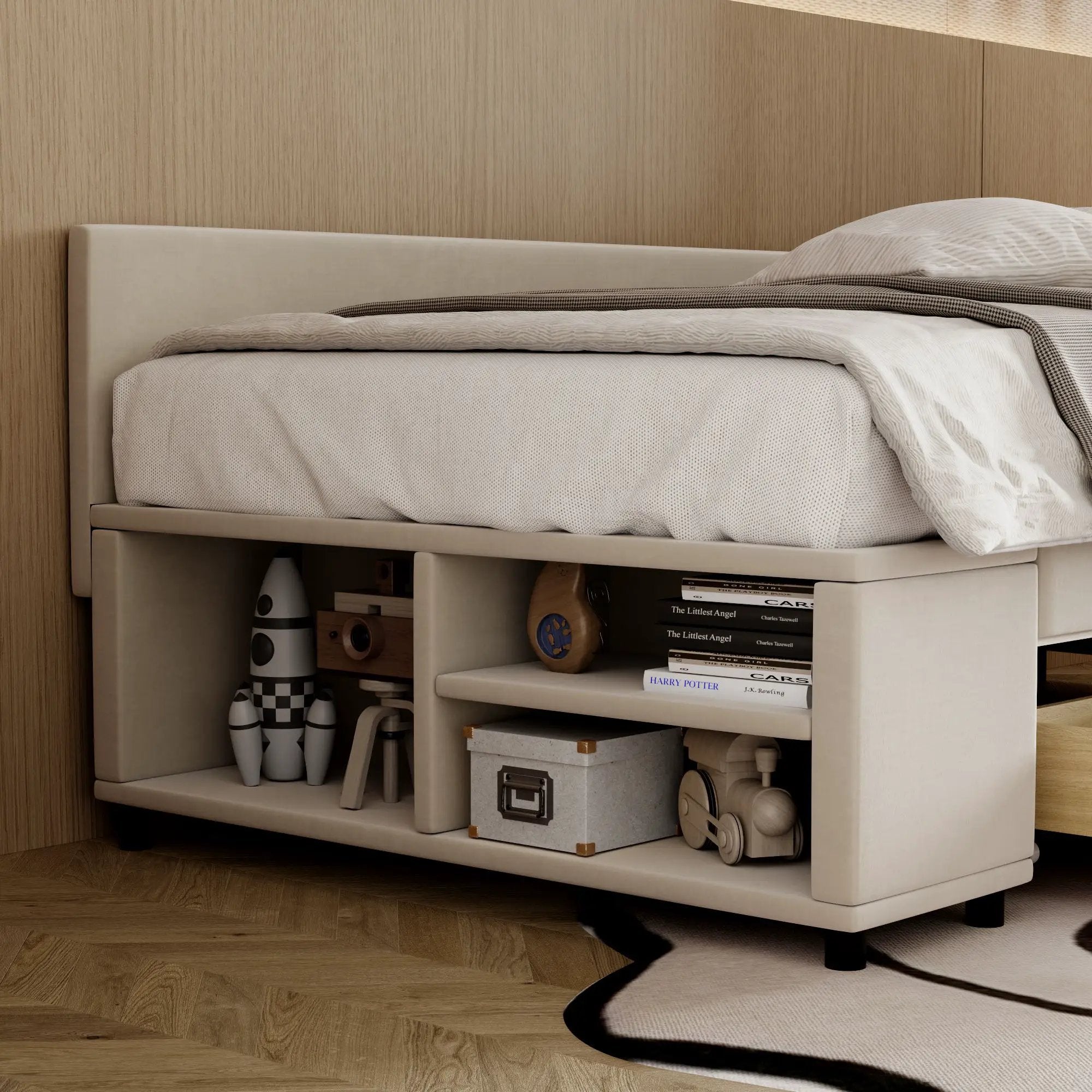 L Shaped Upholstered Platform Bed With Storage And Drawers by HouseOfZazla