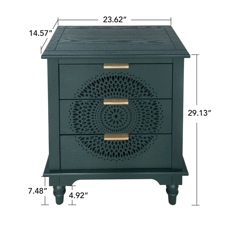 Hollow Carved 3 Drawer Dresser With Metal Handles, Storage Chest For Living Room Or Bedroom - Blackish Green by HouseOfZazla