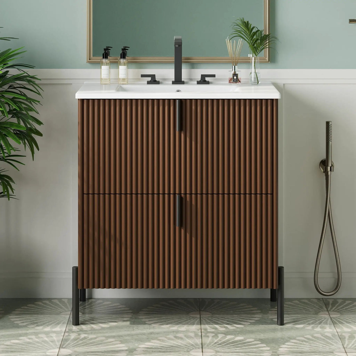 Fluted Bathroom Vanity With Ceramic Sink, Freestanding Design by HouseOfZazla
