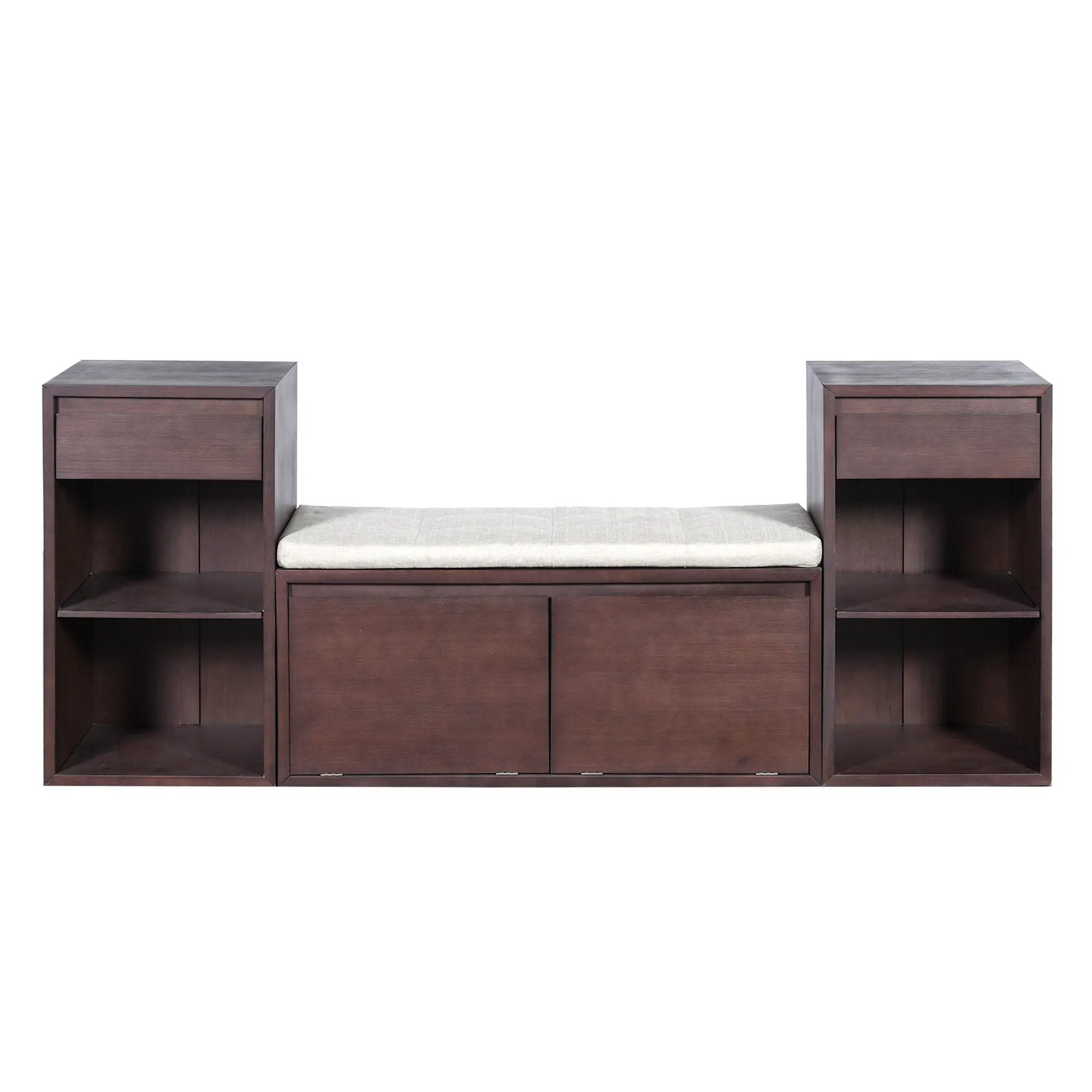 Entryway Storage Bench With Cushion, Drawers & Open Shelves