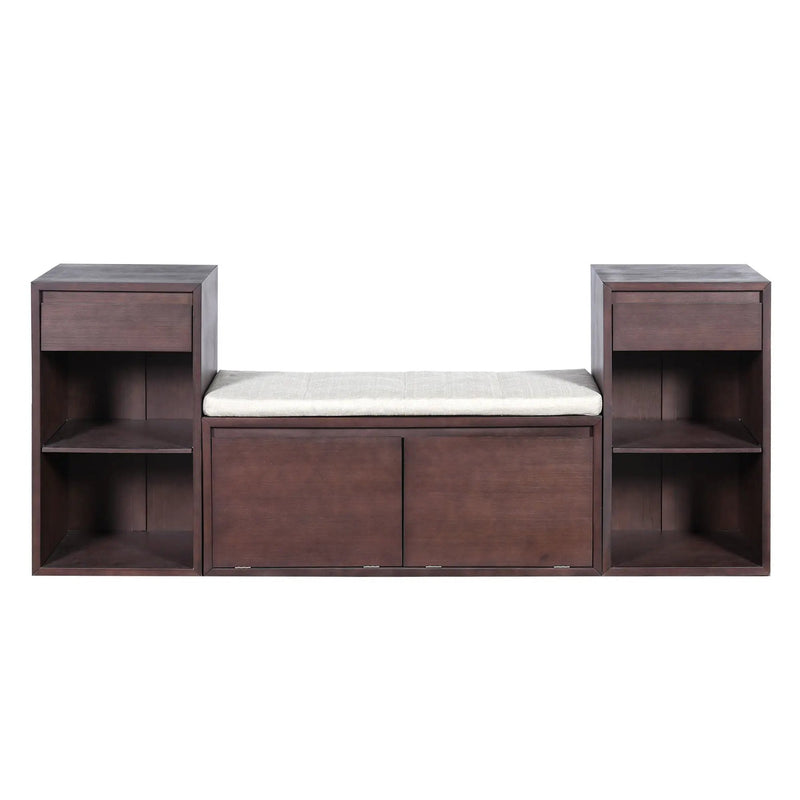 Entryway Storage Bench With Cushion, Drawers & Open Shelves