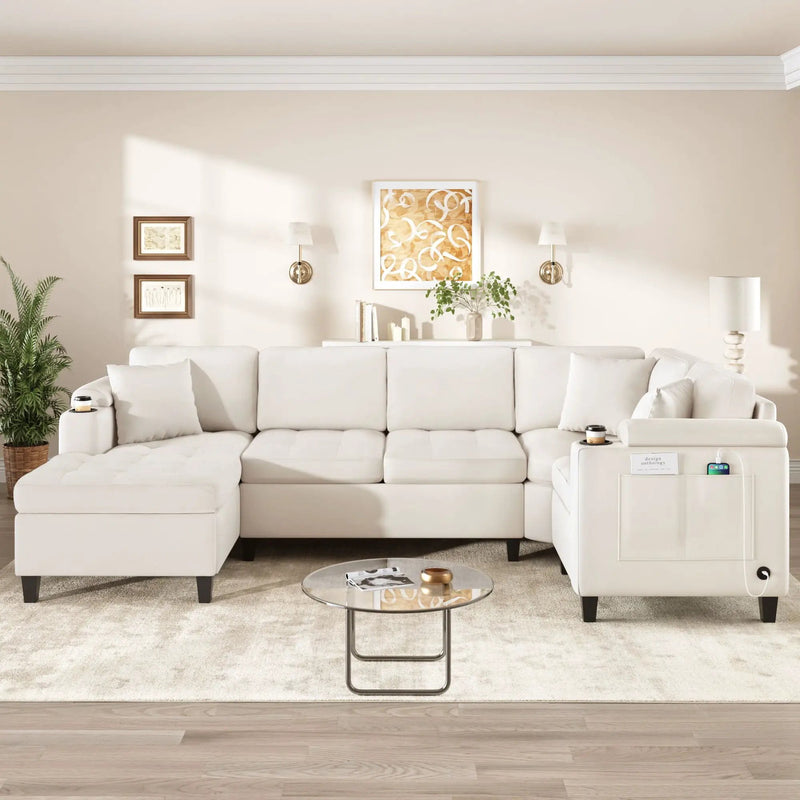U Shaped Sectional Sofa, Corner Living Room Couch With Built In Cup Holders, Storage, USB Ports by HouseOfZazla