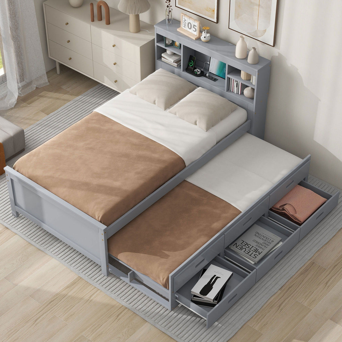 Platform Bed With Storage Headboard, USB, Trundle And 3 Drawers, photo 28 of 28