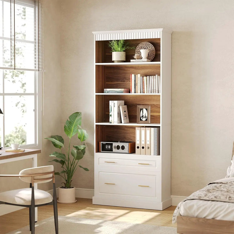 5 Tier White Bookcase With 2 Drawers Storage Organizer For Living Room - White by HouseOfZazla