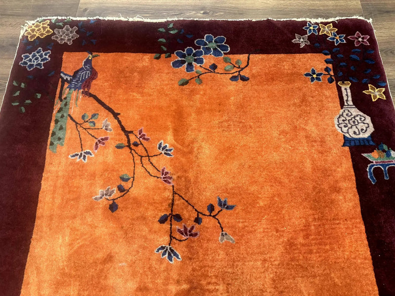 Chinese Art Deco Rug 5x8, Antique Chinese Wool Rug, Nichols Rug, Rare Chinese Carpet, Orange and Purple-Maroon by Jewel Rugs