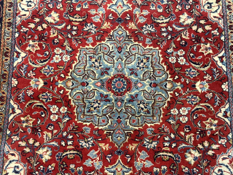 Persian Sarouk Rug 4x7, Red Navy Blue Vintage Wool Medallion Carpet by Jewel Rugs