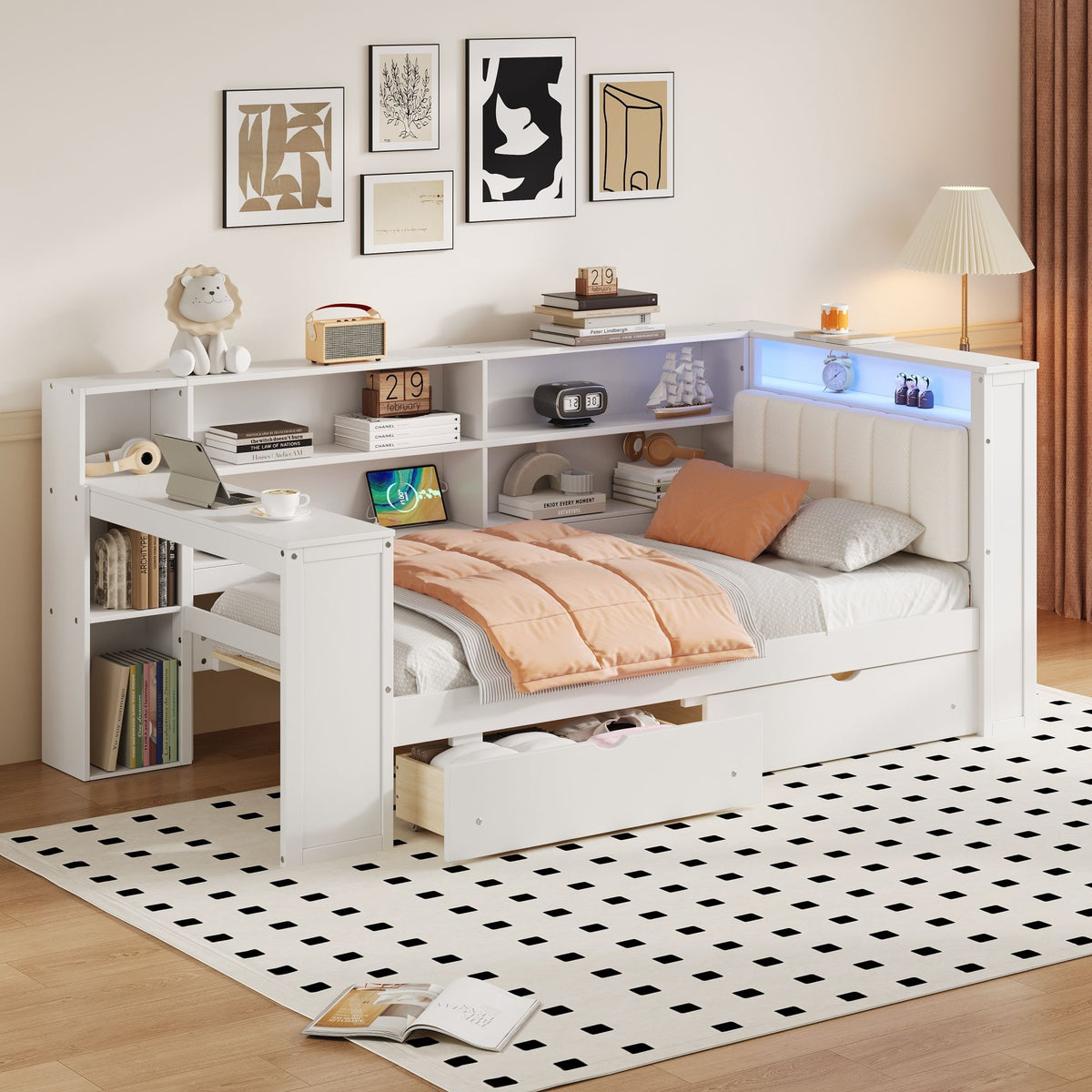 Platform Bed With Upholstered Headboard, Storage Shelves, Drawers, Charging Station, LED Lighting, Built In Desk, photo 20 of 21