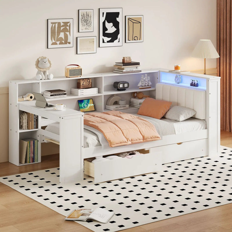 Platform Bed With Upholstered Headboard, Storage Shelves, Drawers, Charging Station, LED Lighting, Built In Desk by Unique Piece Furniture
