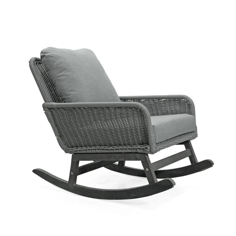 Modern 3 Piece Outdoor Seating Set with Cushioned Rattan Rocking Chairs and Wooden Accent Table by HouseOfZazla