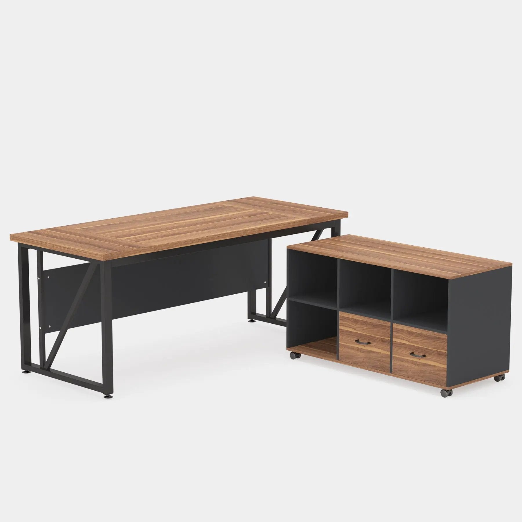 L-Shaped Executive Desk With Mobile File Cabinet, Large Home Office Workstation With Drawers And Shelves - Brown / Black by HouseOfZazla