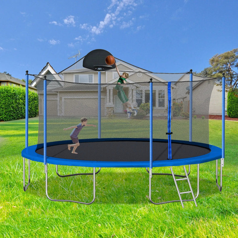 14Ft Trampoline For Adults & Kids With Basketball Hoop, Outdoor Trampolines With Ladder And Safety Enclosure Net For Kids And Adults - Blue by HouseOfZazla