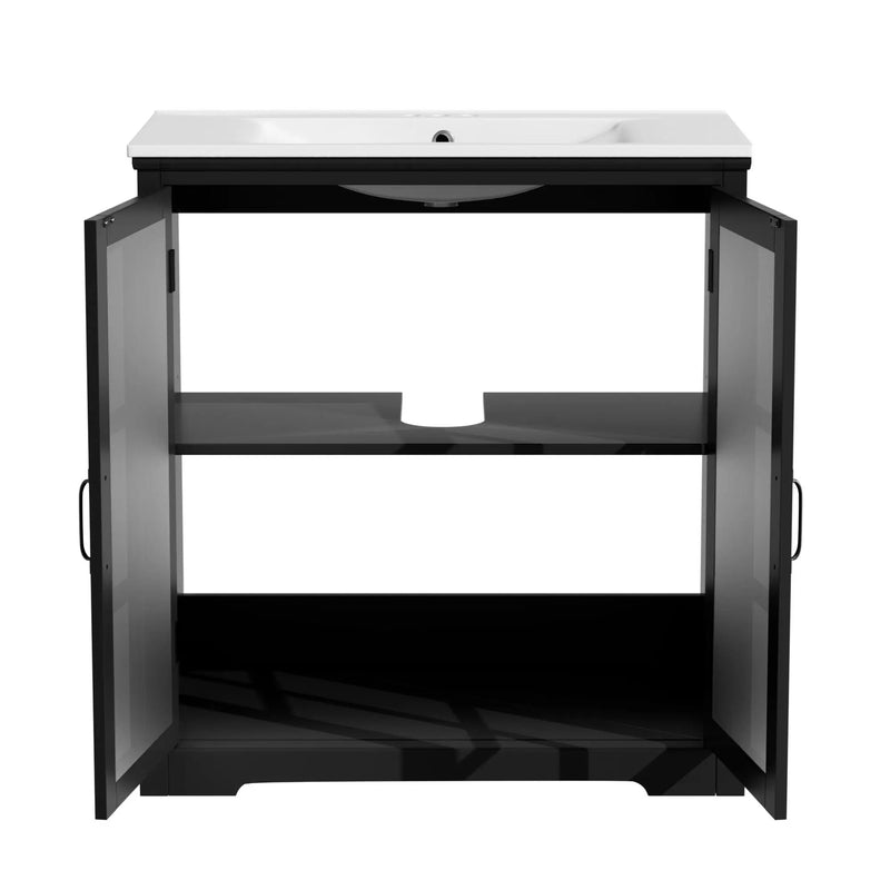Modern Bathroom Vanity With Ceramic Sink, Tempered Blurred Glass Doors by HouseOfZazla