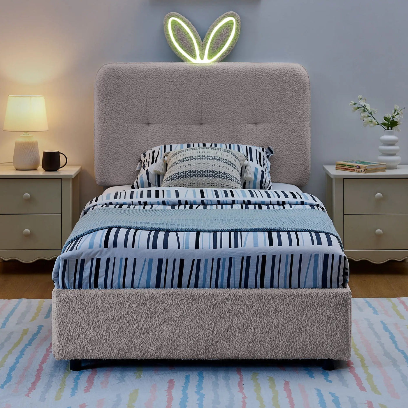 Upholstered Bed With Oversized Rabbit Ear Headboard, LED Lights & 4 Storage Drawers by HouseOfZazla