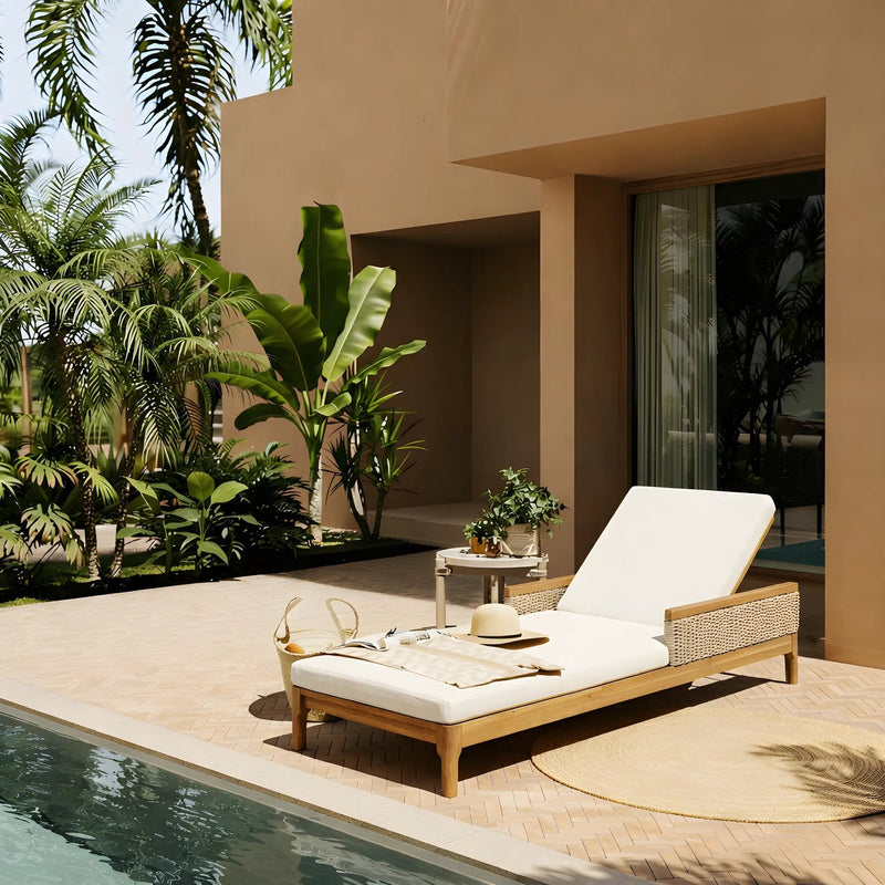 Solid Acacia Wood Sun Lounger with Beige Cushions and Light Grey Wicker by HouseOfZazla