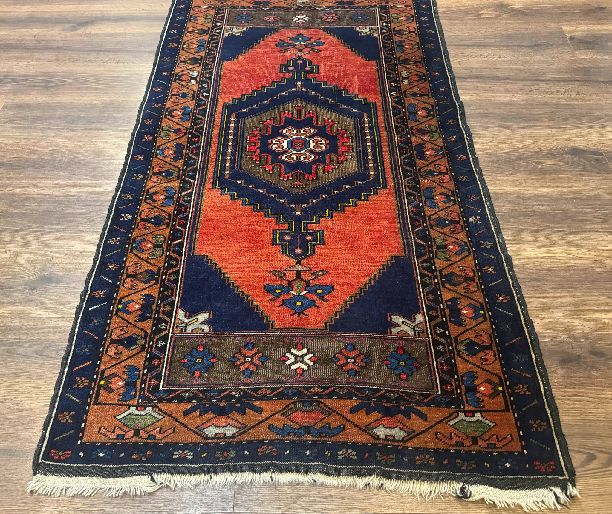 Persian Rug 3x6, Geometric Medallion, Village Tribal Rug, Terracotta and Navy Blue, Antique Nahavand Hamadan Rug by Jewel Rugs
