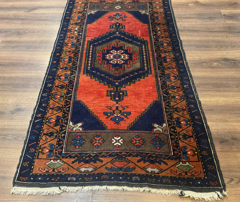 Persian Rug 3x6, Geometric Medallion, Village Tribal Rug, Terracotta and Navy Blue, Antique Nahavand Hamadan Rug by Jewel Rugs