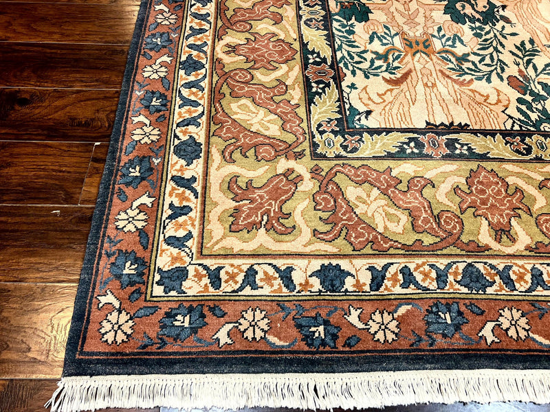 10x13 Wool Rug, Floral Pattern, Birds, Handmade Vintage Carpet, Couristan Rug, Beige by Jewel Rugs