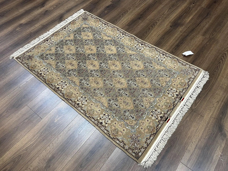 Super Fine Persian Isfahan Rug 3x5 ft, Kork Wool on Silk Foundation, Repeated Floral Motif, Taupe Tan Hand Knotted Oriental Carpet 3 x 5 ft, Signed by Jewel Rugs