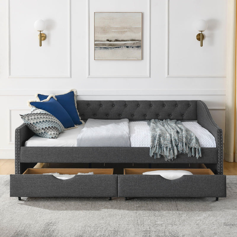 Upholstered Tufted Daybed With 2 Drawers, Waved Arms by Unique Piece Furniture
