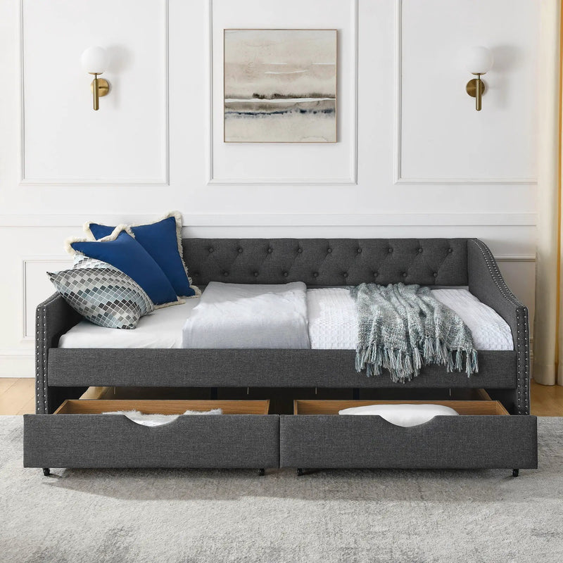 Upholstered Tufted Daybed With Drawers, Waved Arms by Unique Piece Furniture