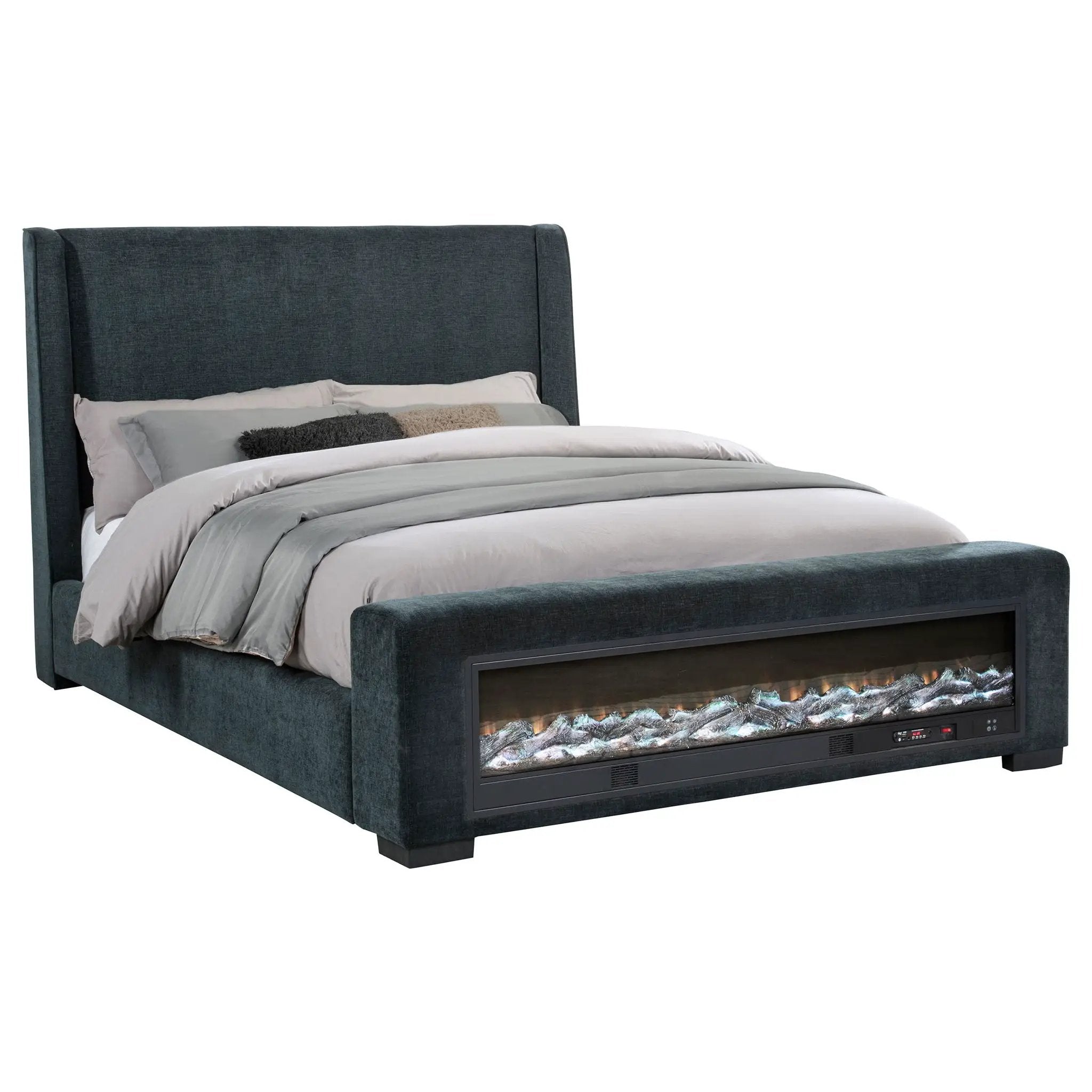 Preston Upholstered California King Audio Flame Visualizer Bed Dark Blue by Unique Piece Furniture