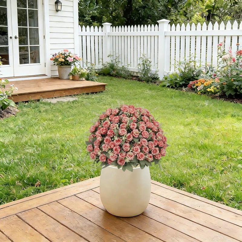 Artificial Rose Decoration With UV Resistant Silk Petals, Durable Stems In Cement Pot, Indoor Outdoor Potted Floral Arrangement - Green / Pink by Unique Piece Furniture