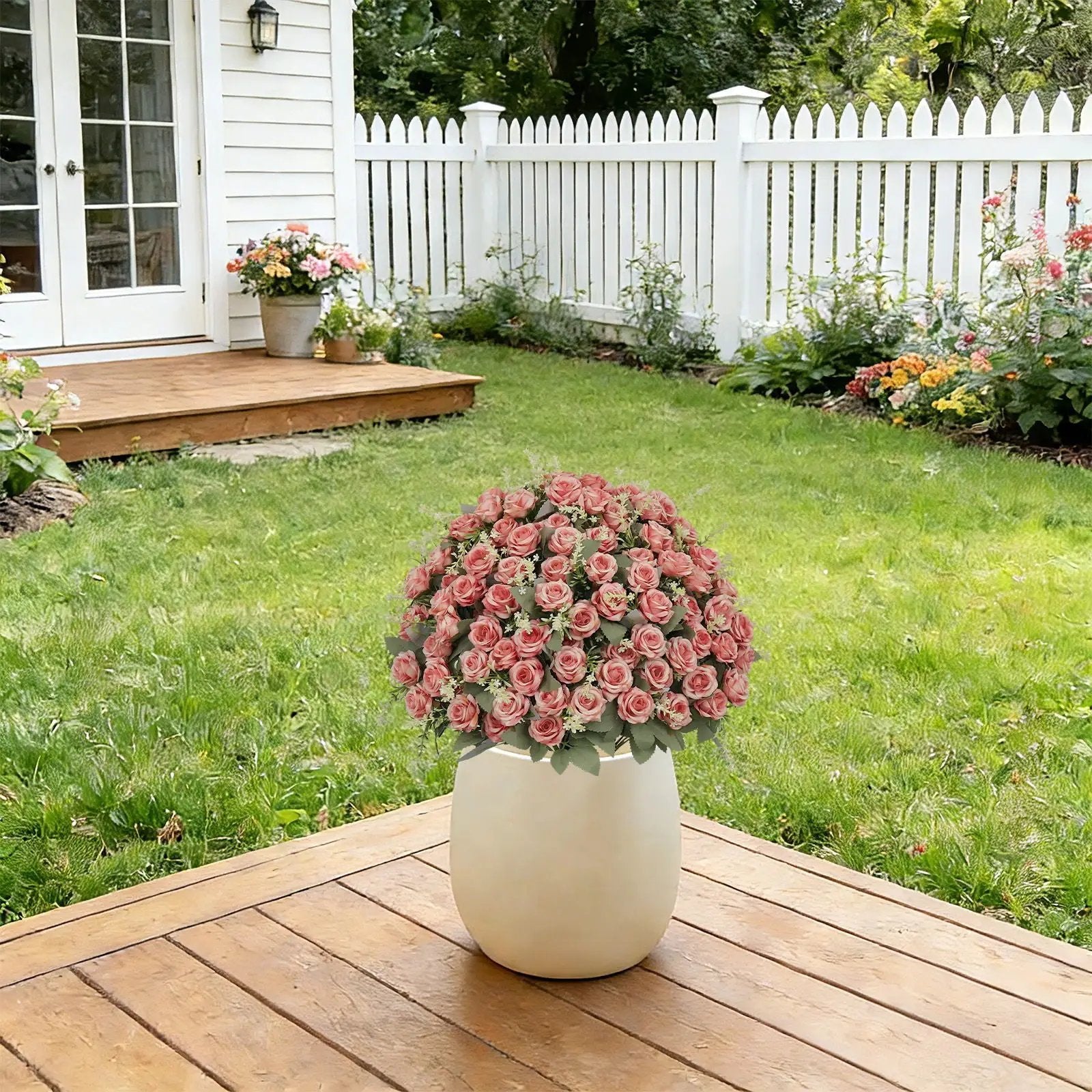 Artificial Rose Decoration With UV Resistant Silk Petals, Durable Stems In Cement Pot, Indoor Outdoor Potted Floral Arrangement - Green / Pink by HouseOfZazla