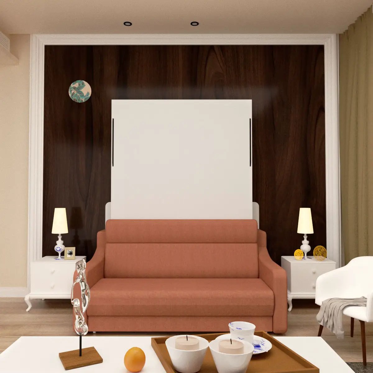 Morden Deisgn Vertical Murphy Bed With Sofa For Bedroom Or Guestroom White Wall Bed Space Saving Hidden Bed With New Style Gas Struts - Orange by HouseOfZazla