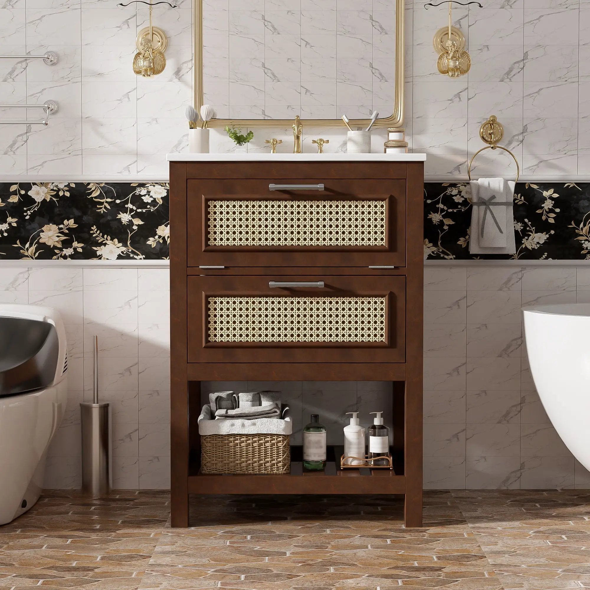 Modern Bathroom Vanity With Integrated Sink, Cabinet With 1 Deep Drawer And 1 Tip-Out Drawer by Unique Piece Furniture