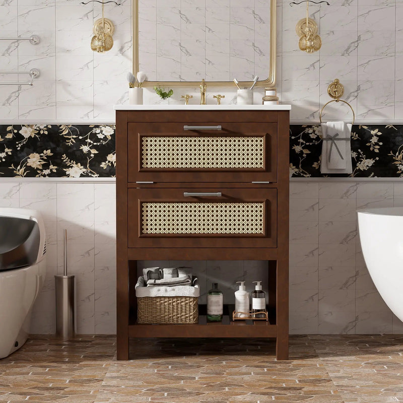 Modern Bathroom Vanity With Integrated Sink, Cabinet With 1 Deep Drawer And 1 Tip-Out Drawer by Unique Piece Furniture