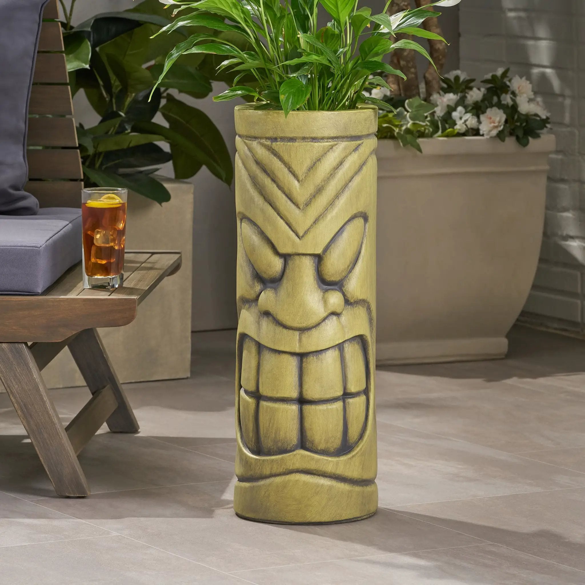 Stone Statue Urn Planter, Decorative Face Plant Pot, Antique Green Finish by HouseOfZazla