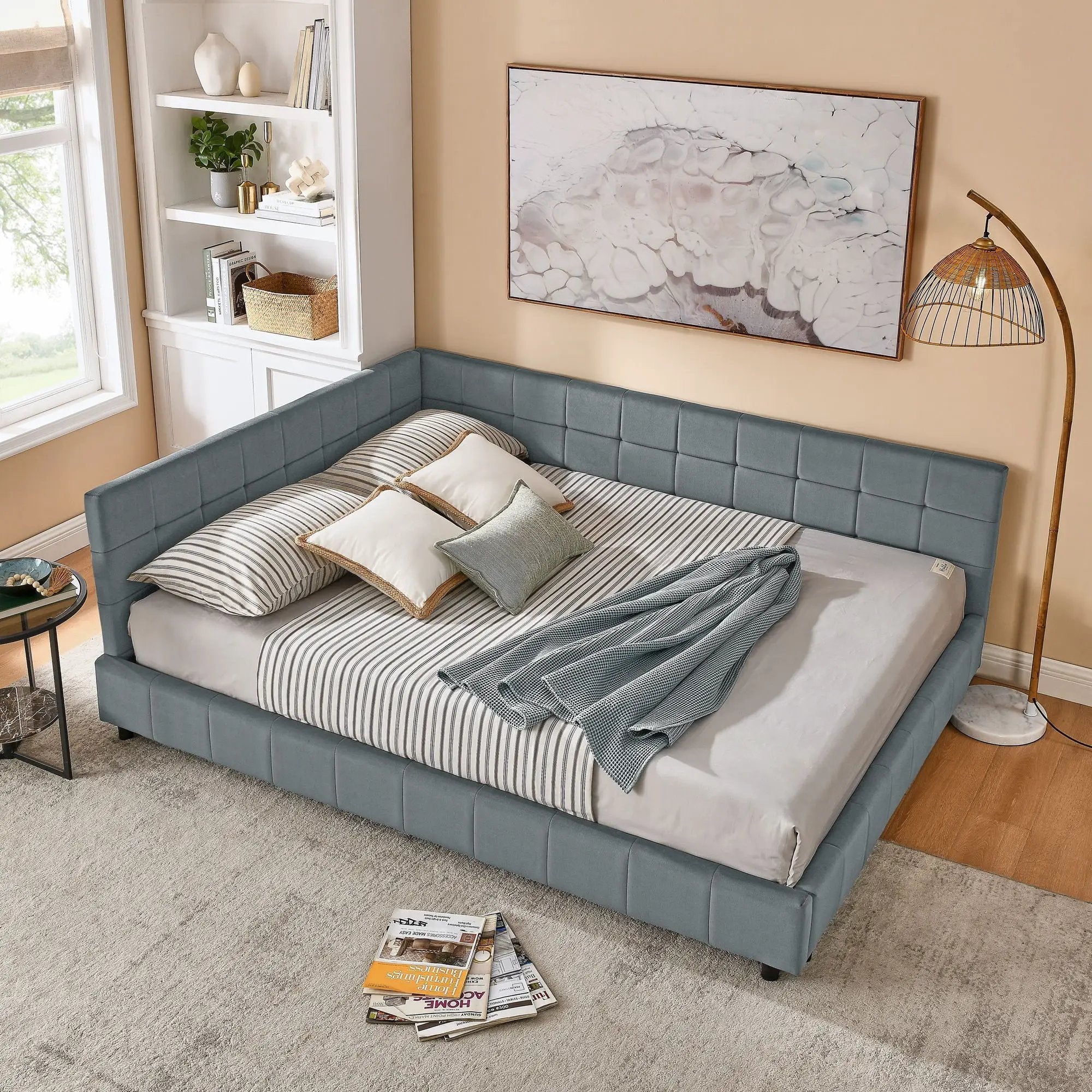 Mid-Century Storage Upholstered Tufted Bed Frame With Backrest And Armrests by Unique Piece Furniture