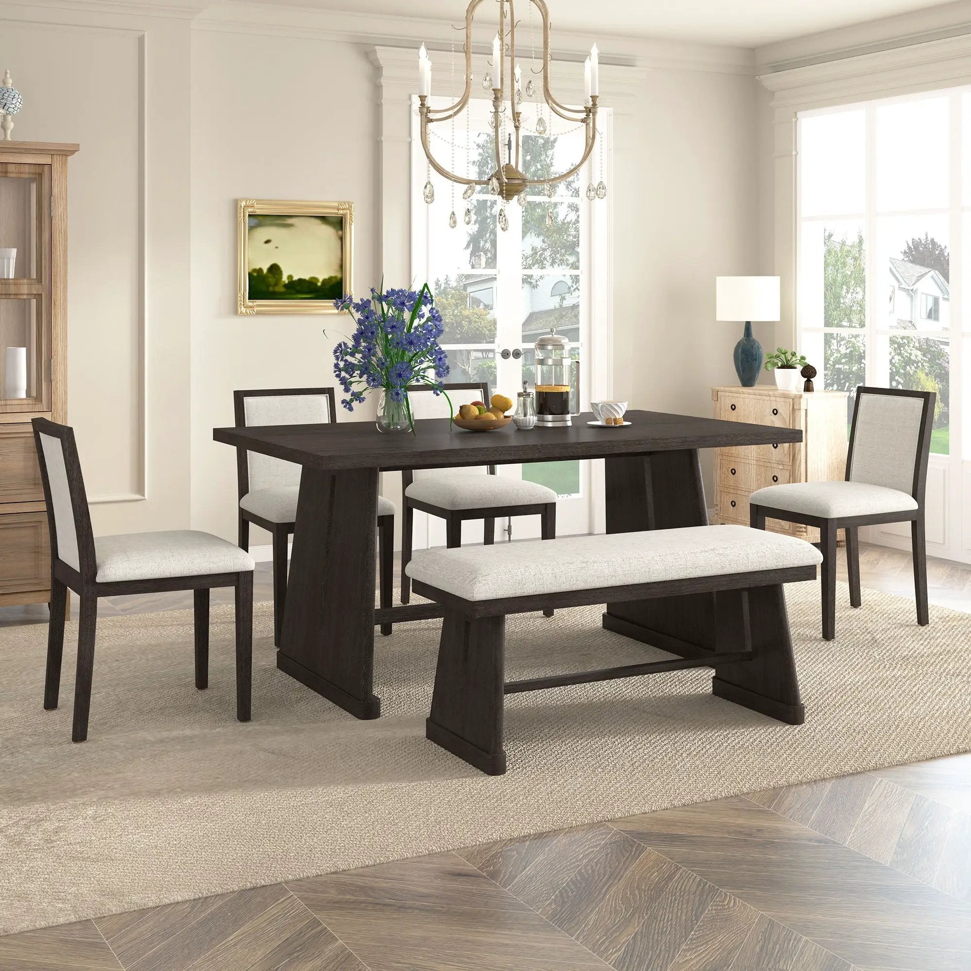 Dining Set With Rectangular Table, 4 Upholstered Chairs & 1 Padded Bench by HouseOfZazla