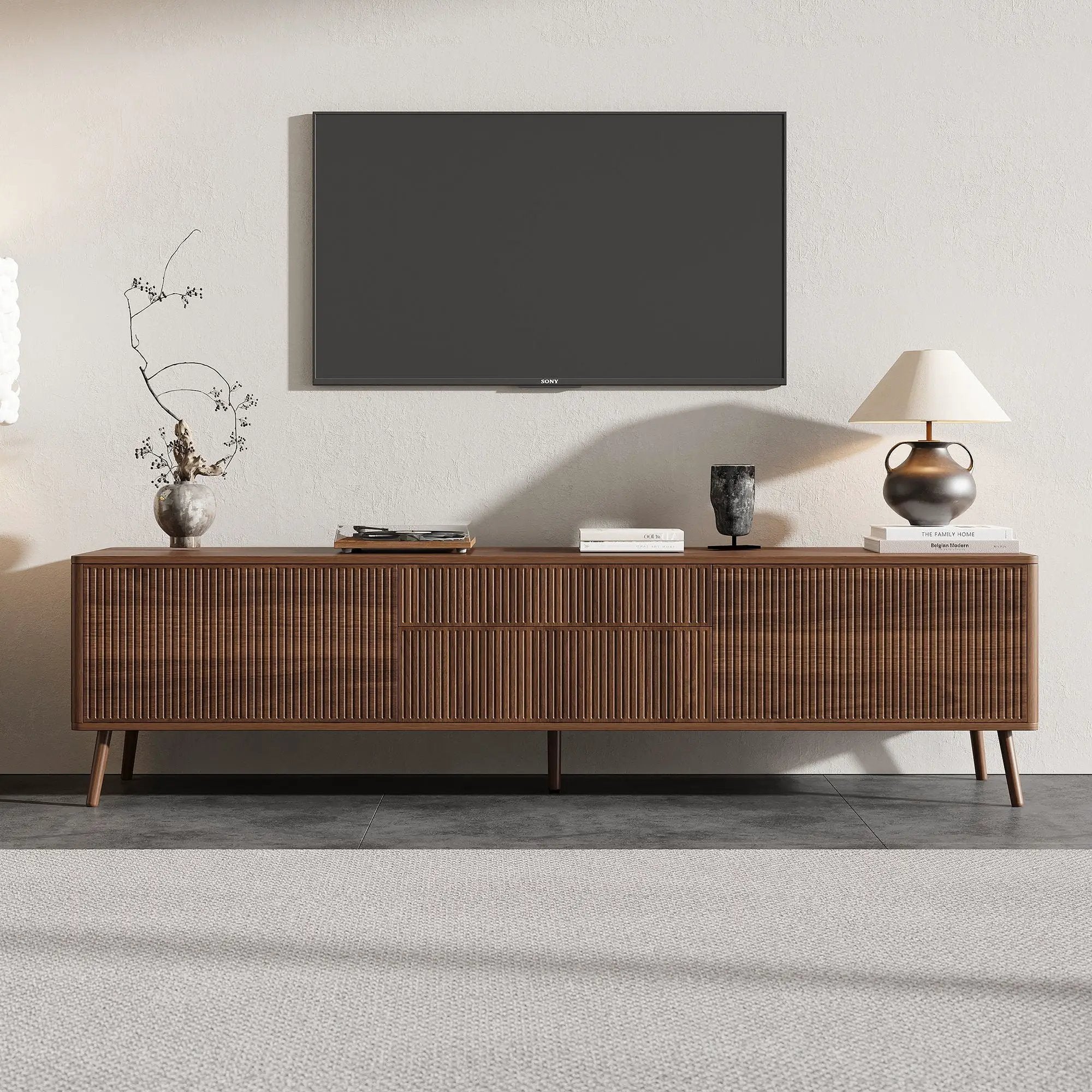 Fluted TV Stand With Storage Drawers And Cabinets For TVs Up To 80", Soft-Close Hinges, Cable Management - Walnut by Unique Piece Furniture