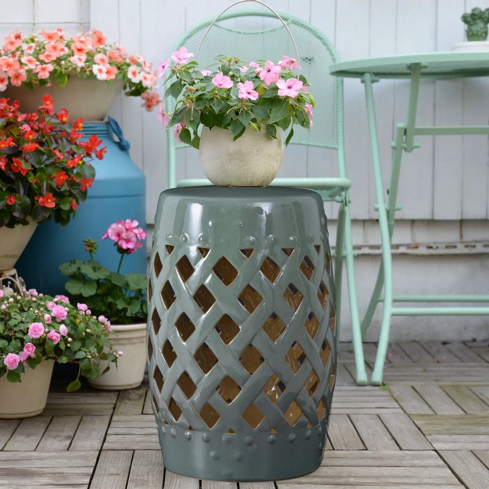 Outsunny 13' x 18' Ceramic Garden Stool with Woven Lattice Design & Glazed Finish by HouseOfZazla