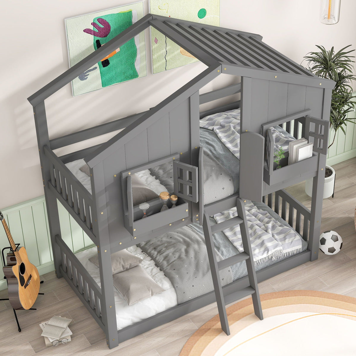 House Bunk Bed With Roof, Window, Window Box, Door, With Safety Guardrails And Ladder, photo 27 of 28