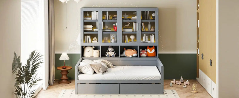 Daybed With Glass Door Storage Cabinets, Built In LED Lighting And Shelves by HouseOfZazla